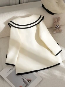 SHEIN Elladie kids 女童羊毛外套，時尚飾邊設計，3D蝴蝶結配珍珠鈕扣，適合日常穿搭，復古優雅可愛，秋冬款 - 白色 - 查看 2