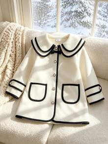 SHEIN Elladie kids 女童羊毛外套，時尚飾邊設計，3D蝴蝶結配珍珠鈕扣，適合日常穿搭，復古優雅可愛，秋冬款 - 白色 - 查看 8
