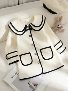 SHEIN Elladie kids 女童羊毛外套，時尚飾邊設計，3D蝴蝶結配珍珠鈕扣，適合日常穿搭，復古優雅可愛，秋冬款 - 白色 - 查看 5