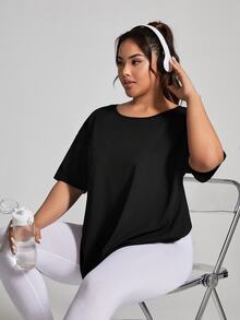 SHEIN Rhythm Era Plus Size Women's Solid Color Simple Daily Short Sleeve T-Shirt, With Middle Back Opening Design Gym Shirts - Black - View 2