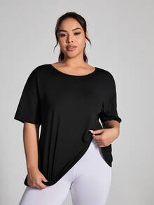 SHEIN Rhythm Era Plus Size Women's Solid Color Simple Daily Short Sleeve T-Shirt, With Middle Back Opening Design Gym Shirts - Black - View 6