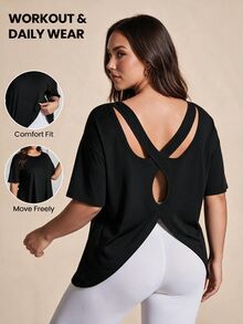 SHEIN Rhythm Era Plus Size Women's Solid Color Simple Daily Short Sleeve T-Shirt, With Middle Back Opening Design Gym Shirts - Black - View 1