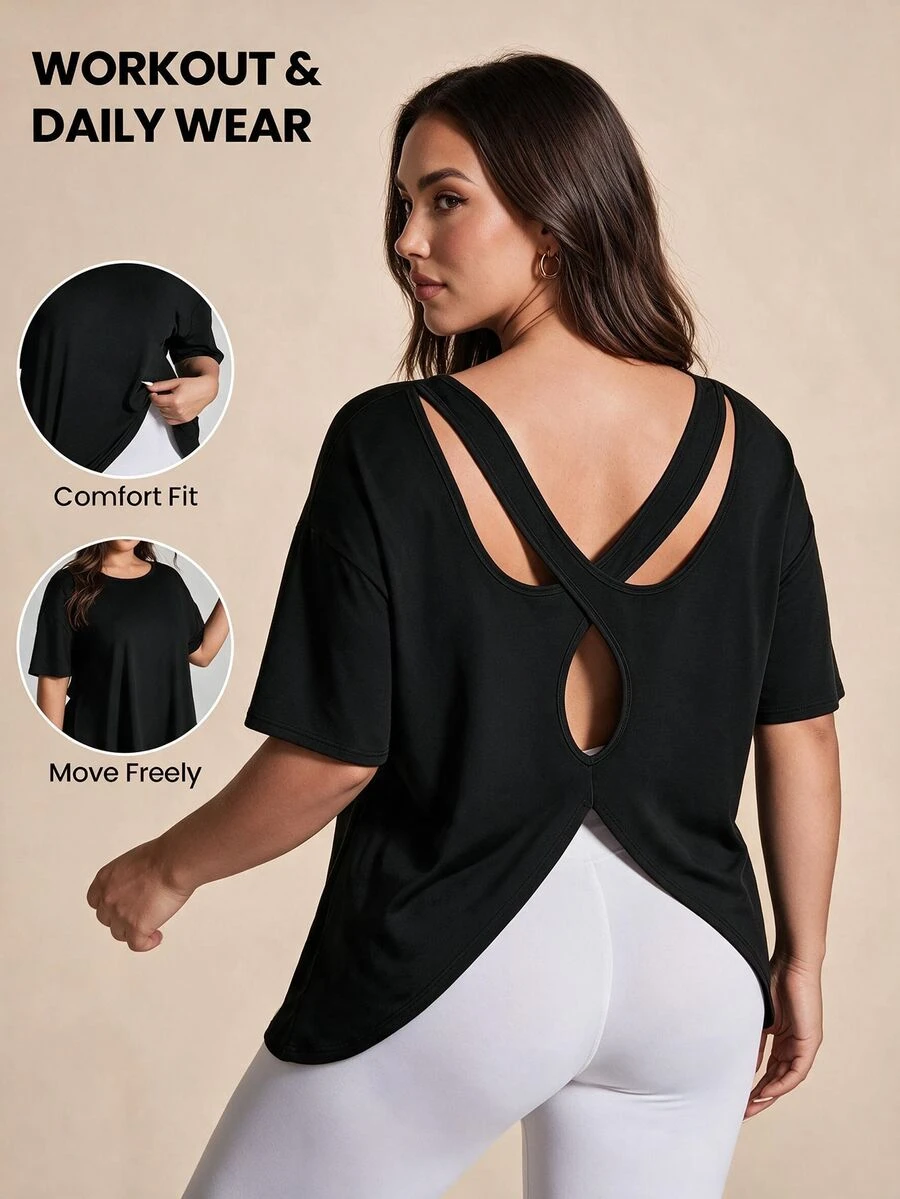 SHEIN Rhythm Era Plus Size Women's Solid Color Simple Daily Short Sleeve T-Shirt, With Middle Back Opening Design Gym Shirts - Black - View 1