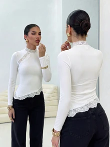 Firerie Lace Patchwork Semi-High Neck Slim Fit Flattering Solid Color Top, Casual Versatile Base Layer For Hot Girls - White - View 4