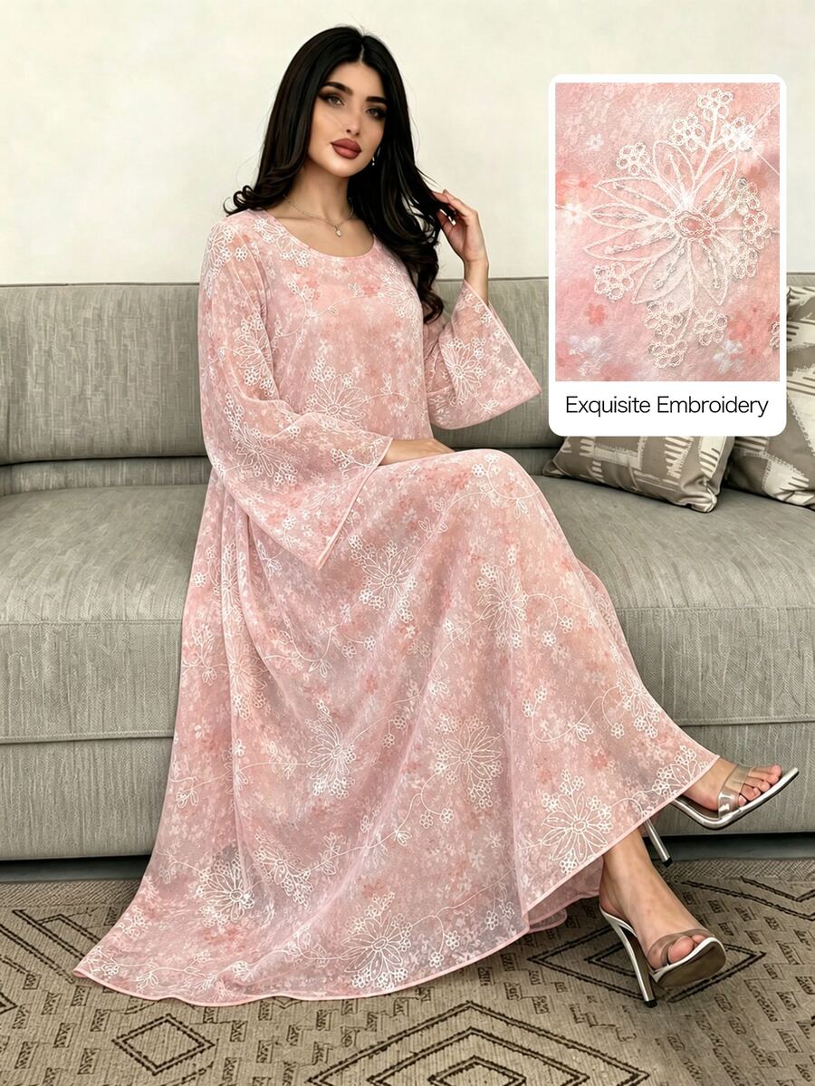 Yasmyna Gaun Muslim Lengan Panjang Berenda dengan Bordir Bunga Warna Merah Muda Fuchsia dan Pinggang Mengembang, Elegan untuk Pernikahan Musim Dingin