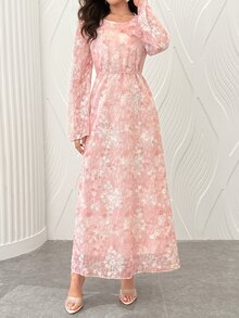Yasmyna Gaun Muslim Lengan Panjang Berenda dengan Bordir Bunga Warna Merah Muda Fuchsia dan Pinggang Mengembang, Elegan untuk Pernikahan Musim Dingin - Berwarna merah muda - View 8