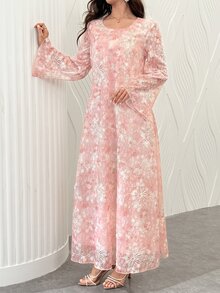 Yasmyna Gaun Muslim Lengan Panjang Berenda dengan Bordir Bunga Warna Merah Muda Fuchsia dan Pinggang Mengembang, Elegan untuk Pernikahan Musim Dingin - Berwarna merah muda - View 6