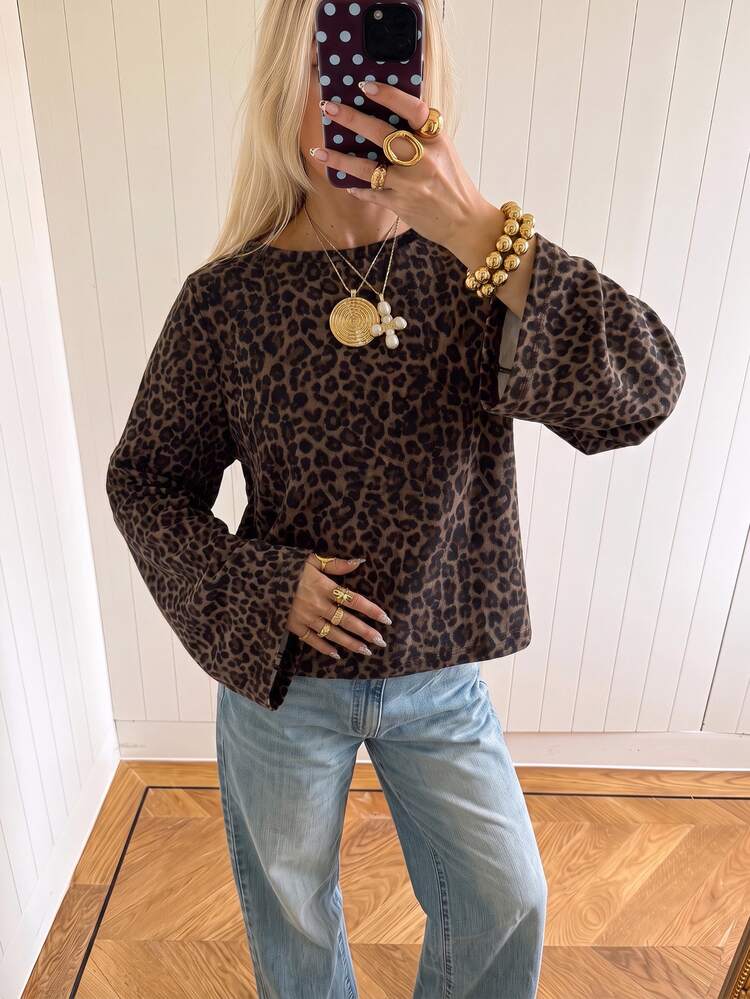 SHEIN EZwear Autumn/Winter Going Out Tops Leopard Printgraphic Tees Basic Blouses - Multicolor - View 7