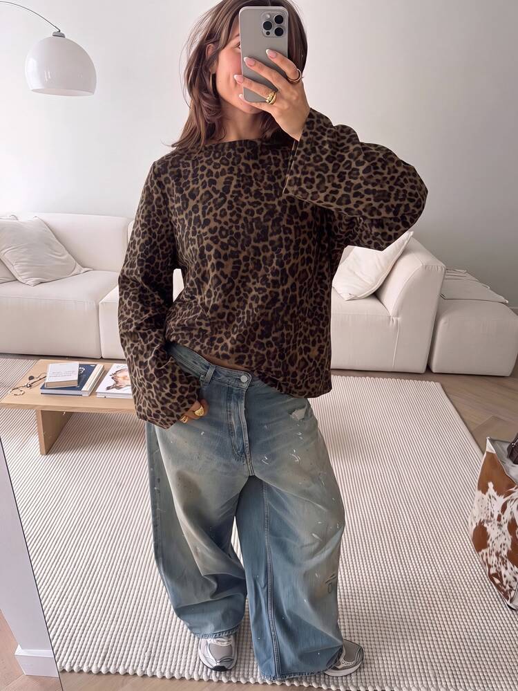 SHEIN EZwear Autumn/Winter Going Out Tops Leopard Printgraphic Tees Basic Blouses - Multicolor - View 5
