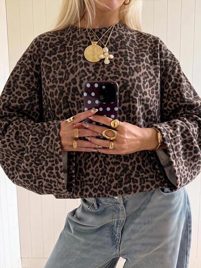 SHEIN EZwear Hauts de sortie Automne/Hiver T-shirts graphiques imprimé léopard Blouses basiques