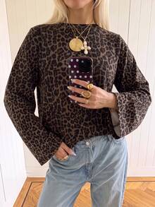 SHEIN EZwear Autumn/Winter Going Out Tops Leopard Printgraphic Tees Basic Blouses - Multicolor - View 4