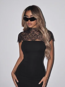 SHEIN ICON Gaun Renda Seksi Wanita untuk Kencan dan Bar - Hitam - View 6