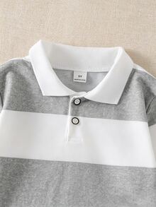 SHEIN Explorewe 男童幼兒條紋對比色學院風翻領針織休閒寬鬆復古美式長袖 Polo 衫，適合校園與日常穿著 - 灰色 - 查看 5