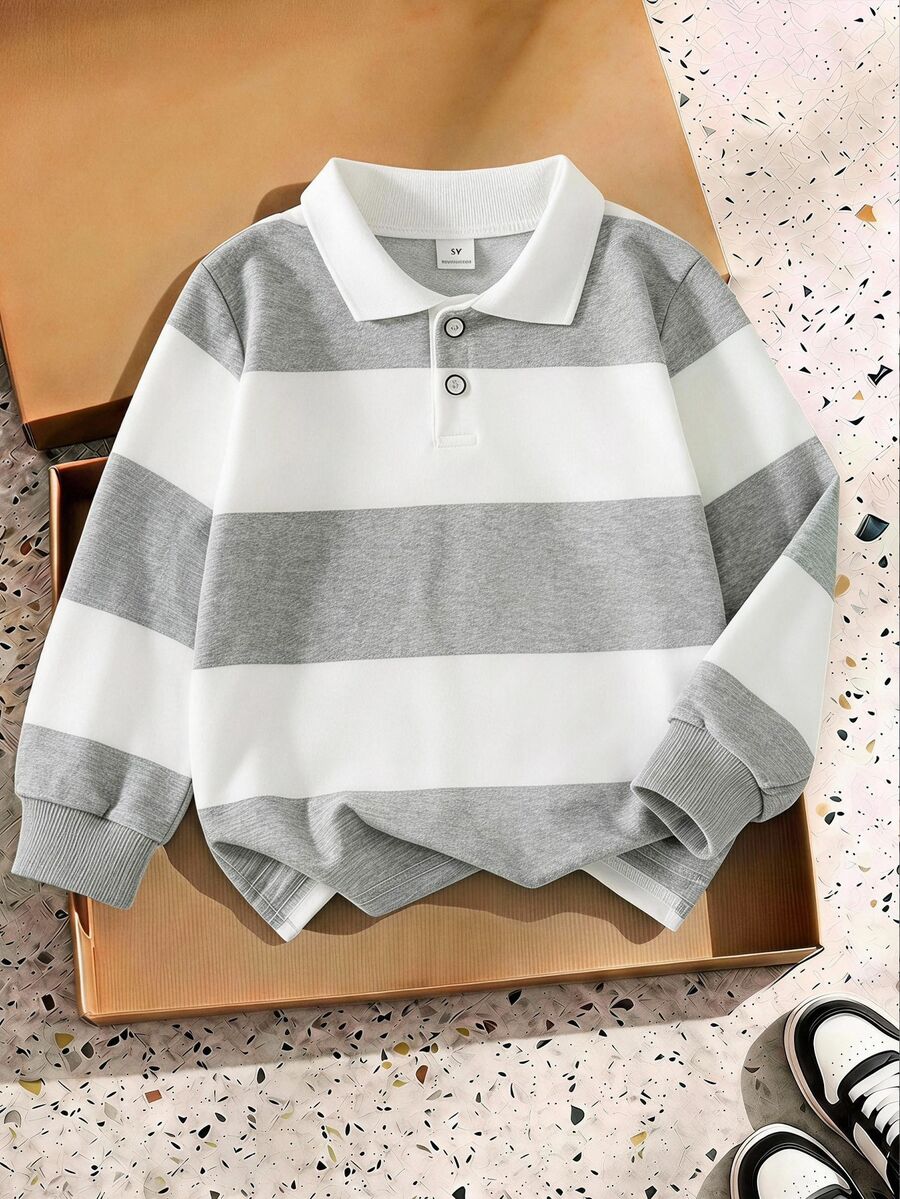 SHEIN Explorewe 男童幼兒條紋對比色學院風翻領針織休閒寬鬆復古美式長袖 Polo 衫，適合校園與日常穿著 - 灰色 - 查看 1