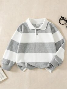 SHEIN Explorewe 男童幼兒條紋對比色學院風翻領針織休閒寬鬆復古美式長袖 Polo 衫，適合校園與日常穿著 - 灰色 - 查看 3