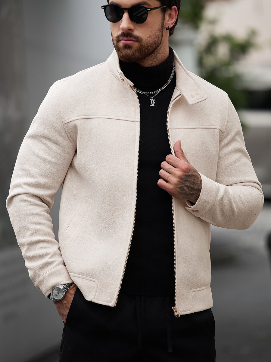 Manfinity CasualCool Men's Khaki Stand Collar Zip-Up Casual Jacket - Khaki - View 1