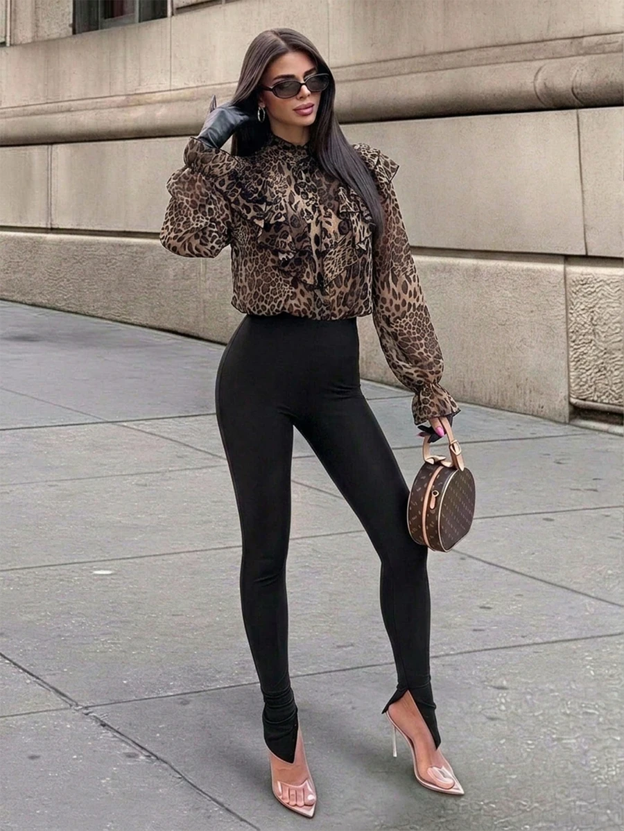 Firerie Women's Elegant Exquisite Romantic Court Vintage Stand Collar Ruffle Button Bell Sleeve Brown Leopard Print Blouse, Spring/Autumn