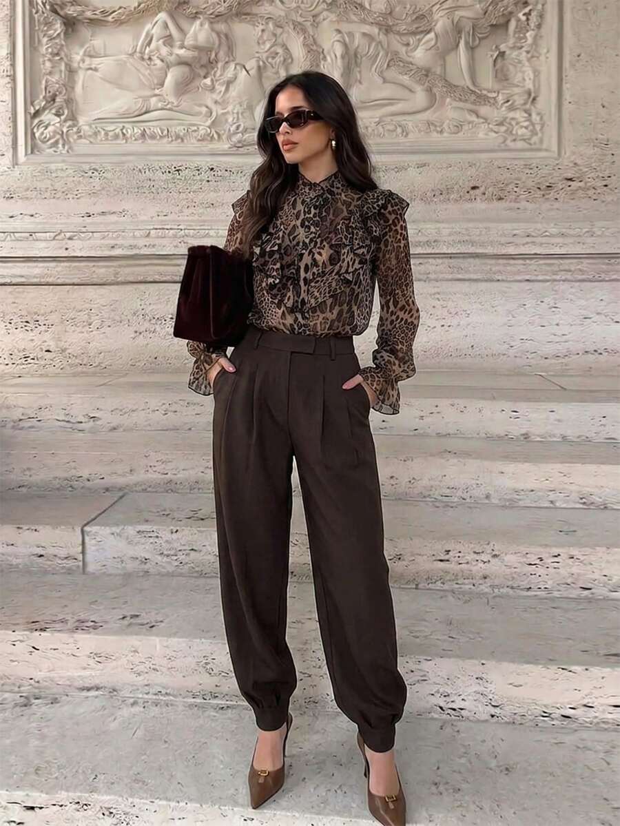 Firerie Women's Elegant Exquisite Romantic Court Vintage Stand Collar Ruffle Button Bell Sleeve Brown Leopard Print Blouse, Spring/Autumn