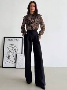 Firerie Women's Elegant Exquisite Romantic Court Vintage Stand Collar Ruffle Button Bell Sleeve Brown Leopard Print Blouse, Spring/Autumn - Multicolor - View 9
