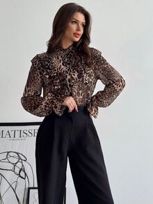 Firerie Women's Elegant Exquisite Romantic Court Vintage Stand Collar Ruffle Button Bell Sleeve Brown Leopard Print Blouse, Spring/Autumn - Multicolor - View 7