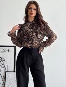 Firerie Women's Elegant Exquisite Romantic Court Vintage Stand Collar Ruffle Button Bell Sleeve Brown Leopard Print Blouse, Spring/Autumn - Multicolor - View 8