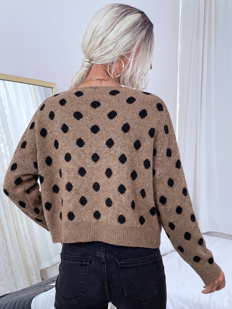 SHEIN LUNE Women's New Autumn/Winter Brown Polka Dot Long Sleeve Casual Vintage Elegant Daily Commute Office Brunch Fashion Knit Cardigan - Khaki - View 2