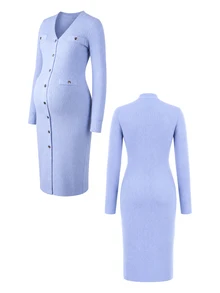 SHEIN Maternity Solid Color V-Neck Long Sleeve Single-Breasted Fitted Knit Dress Winter - Dusty Blue - View 6