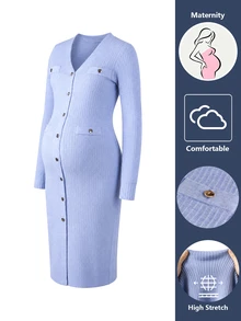 SHEIN Maternity Solid Color V-Neck Long Sleeve Single-Breasted Fitted Knit Dress Winter - Dusty Blue - View 3