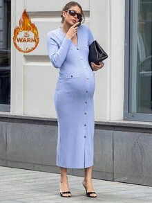 SHEIN Maternity Solid Color V-Neck Long Sleeve Single-Breasted Fitted Knit Dress Winter - Dusty Blue - View 1