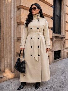 SHEIN BAE CURVE Plus Size Black Stand Collar Long Trench Coat With Tie Waist - Black - View 1