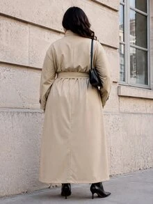 SHEIN BAE CURVE Plus Size Black Stand Collar Long Trench Coat With Tie Waist - Black - View 2