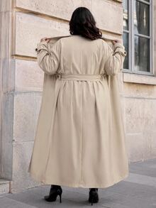 SHEIN BAE CURVE Plus Size Black Stand Collar Long Trench Coat With Tie Waist - Black - View 4