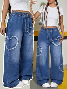 SHEIN 青少年女孩時尚休閒 Y2k 復古酷街頭風格 開學大學寬鬆舒適抽繩腰帶牛仔寬腿褲 柔軟日常穿搭 秋冬電音節慶街頭風 寬鬆牛仔褲 運動藍 夏季畢業 母親節 開學 - 藍色 - 查看 2