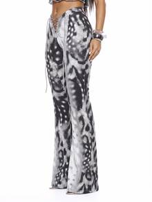 MUSERA Mixed Print Tie Front Flared Denim Jeans Sexy Summer Spring Rave Festival Holiday Vacation Party Going Out Tripp - Black - View 3