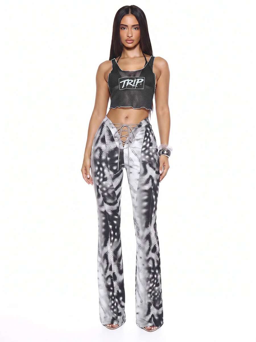 MUSERA Mixed Print Tie Front Flared Denim Jeans Sexy Summer Spring Rave Festival Holiday Vacation Party Going Out Tripp - Black - View 1