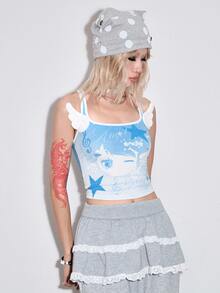ROMWE Kawaii Cute Girl Pattern 3D Angel Wings Decor Cropped Fitted Tank Top - Blue - View 4