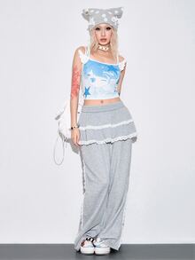 ROMWE Kawaii Cute Girl Pattern 3D Angel Wings Decor Cropped Fitted Tank Top - Blue - View 10