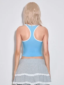ROMWE Kawaii Cute Girl Pattern 3D Angel Wings Decor Cropped Fitted Tank Top - Blue - View 3