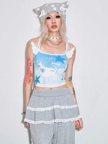 ROMWE Kawaii Cute Girl Pattern 3D Angel Wings Decor Cropped Fitted Tank Top - Blue - View 5