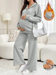 SHEIN Maternity Solid Color Nursing Long Sleeve Top And Pants 2 Pieces Set - Grey - View 1