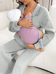 SHEIN Maternity Solid Color Nursing Long Sleeve Top And Pants 2 Pieces Set - Grey - View 8