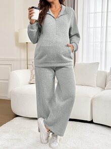 SHEIN Maternity Solid Color Nursing Long Sleeve Top And Pants 2 Pieces Set - Grey - View 5