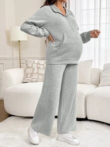 SHEIN Maternity Solid Color Nursing Long Sleeve Top And Pants 2 Pieces Set - Grey - View 3