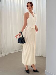 Aloruh Women Two-piece Outfits Backless Berlipat Tombol Depan Plain Anggun - Aprikot - View 6