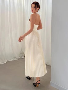 Aloruh Women Two-piece Outfits Backless Berlipat Tombol Depan Plain Anggun - Aprikot - View 3
