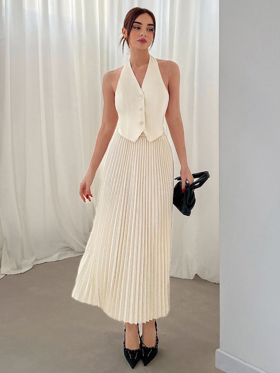Aloruh Women Two-piece Outfits Backless Berlipat Tombol Depan Plain Anggun