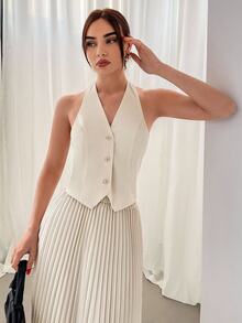 Aloruh Women Two-piece Outfits Backless Berlipat Tombol Depan Plain Anggun - Aprikot - View 5