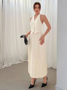 Aloruh Women Two-piece Outfits Backless Berlipat Tombol Depan Plain Anggun - Aprikot - View 4