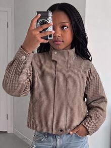 SHEIN Tween Girl Plaid Print Kids Zip Up Autumn Jacket - Brown - View 9
