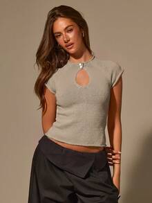 Athîral Women's Solid Color Raglan Sleeve Casual Hollow Knit Top - Camel - View 1